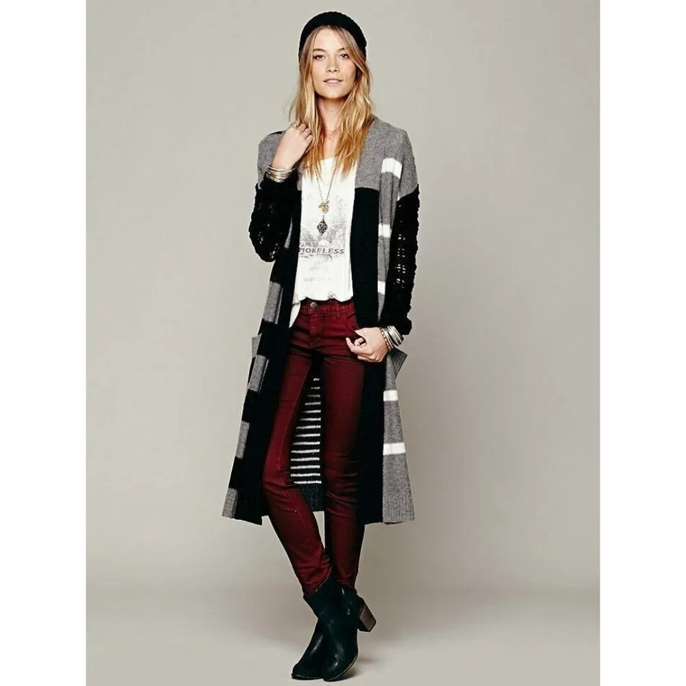 Free People Black Gray Striped Floral Knit Long Cardigan S | Boho Grunge Fairy - Picture 2 of 16